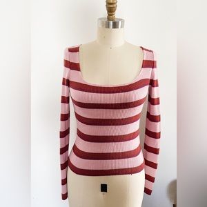 ASOS Design Pink and Red Ribbed Long Sleeve Scoop Neck Top Size 4